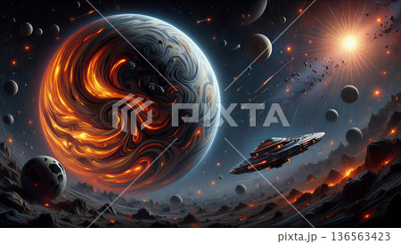 Cosmic journey to a volcanic planet. A sci-fi scene depicting a large, swirling volcanic planet with vivid orange and black patterns resembling molten lava. Cosmic journey to a volcanic planet. A sci-fi scene depicting a large, swirling volcanic planet with vivid orange and black patterns resembling molten lava. 136563423