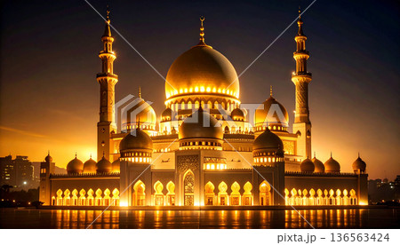 Golden Mosque at Sunset with Dramatic Sky 136563424