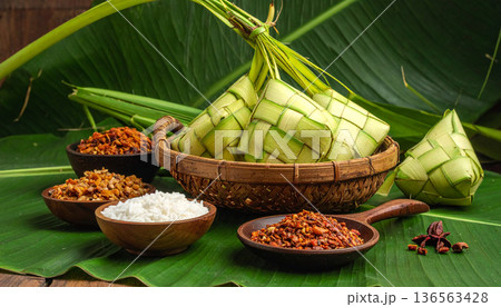 Traditional Ketupat and Rice Dumplings on Dark Background 136563428