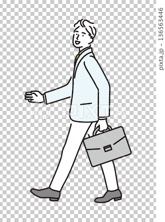 一幅簡單的插圖，描繪了一位男性商務人士前往銷售會議的場景。商務場景。 136563446