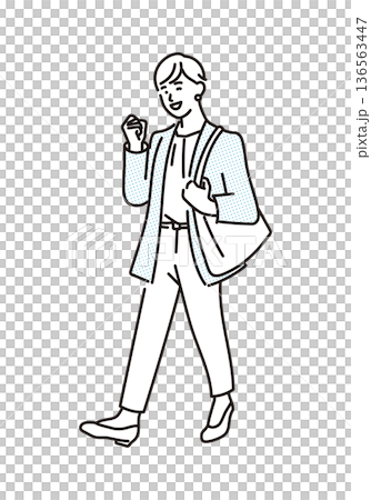 一幅簡單的插圖，描繪了一位職業女性在商務場景中向前行走的情景。 136563447