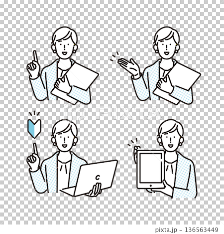 簡單插圖：一組職業婦女講解或提出某事的姿勢。商務場景。 136563449