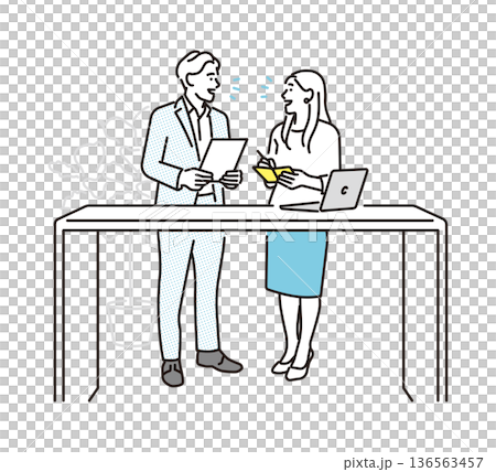 一幅簡單的插圖，描繪了一位男性和一位女性商務人士站著開會的場景。商務場景。 136563457