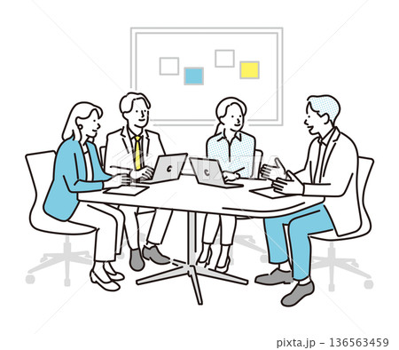 シンプル　イラスト　ミーティングをするビジネスパーソンの男性と女性　ビジネスシーン 136563459