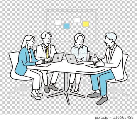 シンプル　イラスト　ミーティングをするビジネスパーソンの男性と女性　ビジネスシーン 136563459