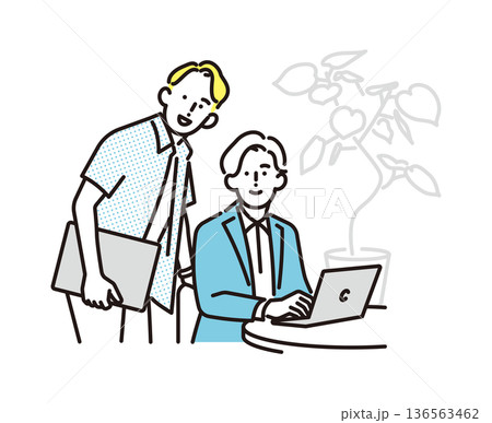 シンプル　イラスト　笑顔のビジネスマンの男性2人　ビジネスシーン 136563462