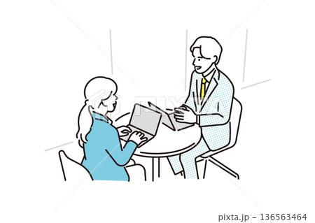 シンプル　イラスト　商談をするビジネスパーソンの男性と女性　ビジネスシーン 136563464