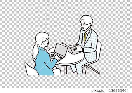 一幅簡單的插圖，描繪了一位男性和一位女性商務人士正在進行商務會議談判。 136563464