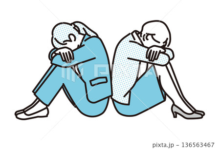 シンプル　イラスト　背中合わせにうずくまるビジネスパーソンの女性2人のイラスト　ビジネスシーン 136563467