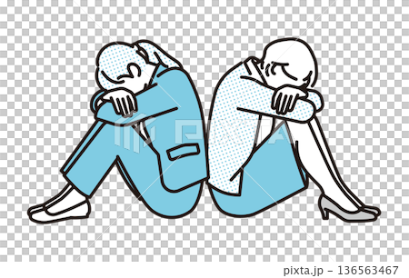 シンプル　イラスト　背中合わせにうずくまるビジネスパーソンの女性2人のイラスト　ビジネスシーン 136563467
