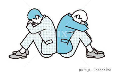 シンプル　イラスト　背中合わせにうずくまるビジネスパーソンの男性2人のイラスト　ビジネスシーン 136563468