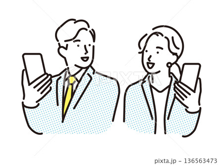 シンプル　イラスト　スマホを持って笑顔のビジネスパーソンの男性と女性　ビジネスシーン 136563473