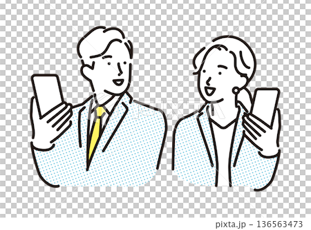簡單的插圖，描繪了面帶微笑的商務男女手持智慧型手機，展現商務場景。 136563473