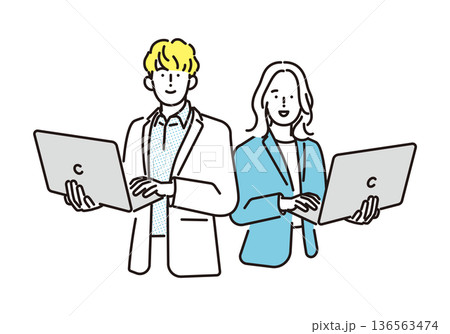 シンプル　イラスト　ノートパソコンを持ったビジネスパーソンの男性と女性　ビジネスシーン 136563474