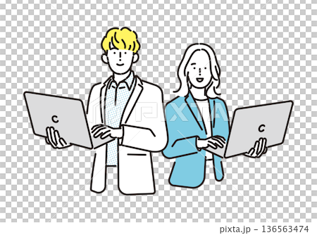 シンプル　イラスト　ノートパソコンを持ったビジネスパーソンの男性と女性　ビジネスシーン 136563474