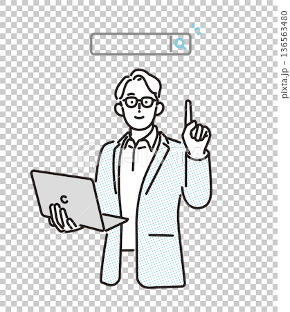 Simple illustration of a businessman pointing at a search box. Business scene. 136563480