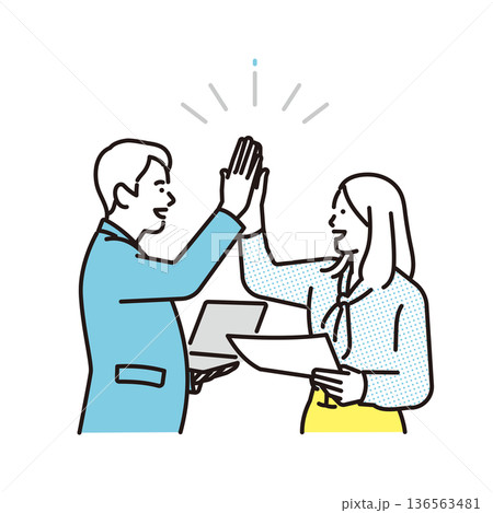 シンプル イラスト ハイタッチをするビジネスパーソンの男性と女性 ビジネスシーン シンプル イラスト ハイタッチをするビジネスパーソンの男性と女性 ビジネスシーン 136563481