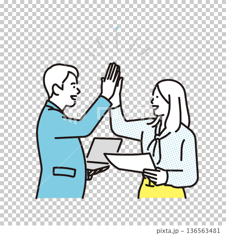 一幅簡單的插圖，描繪了一位男性和一位女性商務人士在商務場景中擊掌的場景。 136563481