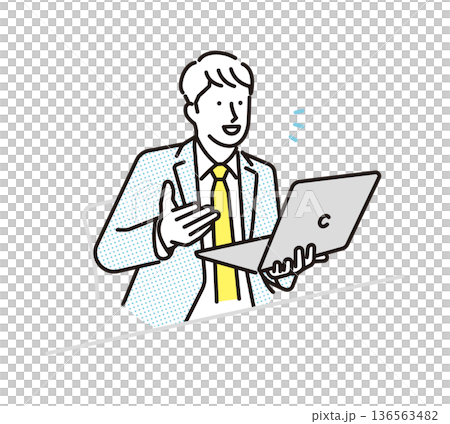 Simple illustration of a business person explaining something on a laptop computer. Business scene. 136563482
