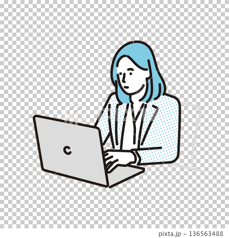 シンプル　イラスト　ノートパソコンで作業するビジネスパーソンのイラスト　ビジネスシーン 136563488