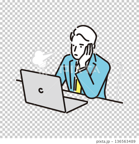 Simple illustration of a business person sighing after working on a computer. Business scene. Simple illustration of a business person sighing after working on a computer. Business scene. 136563489