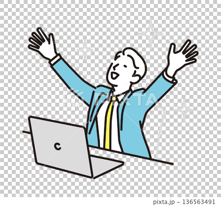 シンプル　イラスト　両手を上げて喜ぶビジネスパーソンのイラスト　ビジネスシーン 136563491