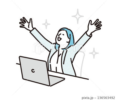シンプル　イラスト　両手を上げて喜ぶビジネスパーソンのイラスト　ビジネスシーン 136563492