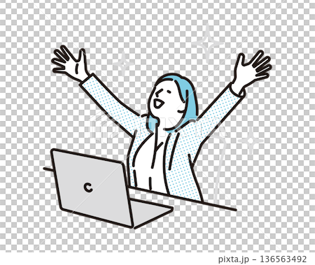 一幅簡單的插圖,描繪了一位雙手高舉、笑容滿面的商人。商業場景。 一幅簡單的插圖,描繪了一位雙手高舉、笑容滿面的商人。商業場景。 136563492