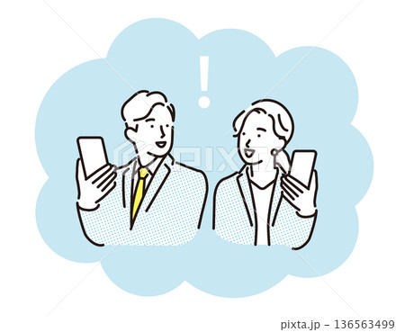 シンプル　イラスト　スマホを持って笑顔のビジネスパーソンの男性と女性　ビジネスシーン 136563499