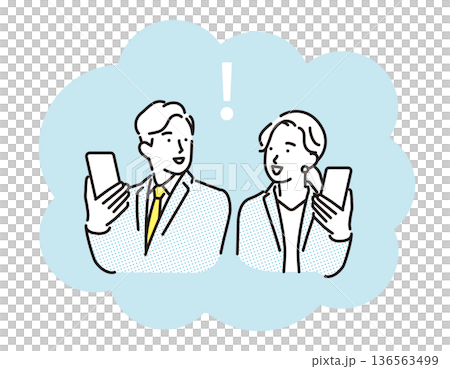 簡單的插圖，描繪了面帶微笑的商務男女手持智慧型手機，展現商務場景。 136563499