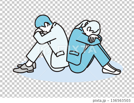 一幅簡單的插圖，描繪了一對背靠背站立的商人夫婦，他們神情沮喪，背景是商業場景。 136563503