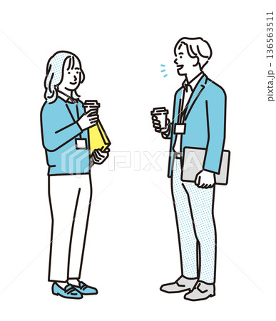 シンプル イラスト 立ち話をするビジネスパーソンの男性と女性 ビジネスシーン シンプル イラスト 立ち話をするビジネスパーソンの男性と女性 ビジネスシーン 136563511