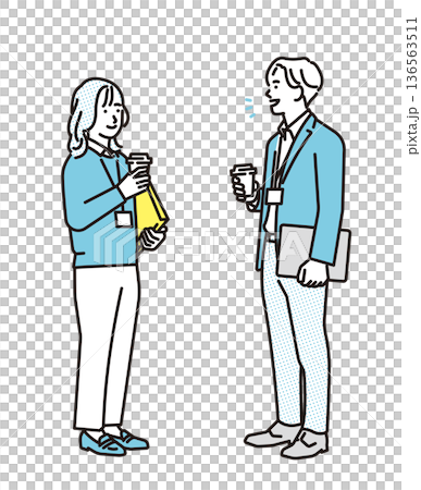 シンプル イラスト 立ち話をするビジネスパーソンの男性と女性 ビジネスシーン シンプル イラスト 立ち話をするビジネスパーソンの男性と女性 ビジネスシーン 136563511
