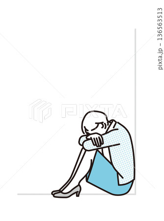 シンプル　イラスト　落ち込んで座り込むビジネスパーソンのイラスト　ビジネスシーン 136563513