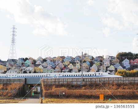神奈川県 カラフルな住宅地と疾走する新幹線 1月 神奈川県 カラフルな住宅地と疾走する新幹線 1月 136563555