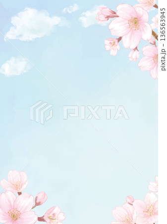 春の空に咲く桜の水彩風手描き背景イラスト-縦型 春の空に咲く桜の水彩風手描き背景イラスト-縦型 136563945