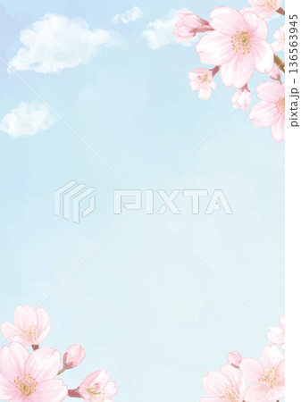 春の空に咲く桜の水彩風手描き背景イラスト-縦型 春の空に咲く桜の水彩風手描き背景イラスト-縦型 136563945