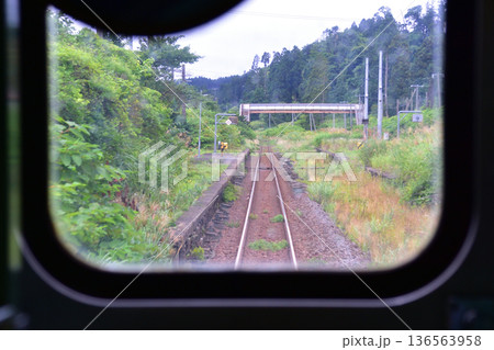 JR北海道函館本線　山崎駅から山越駅までの普通列車車窓風景(2023年夏雨) 136563958