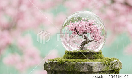 桜のスノードームと春の雨　幻想的な花吹雪のファンタジーイメージ 136564166