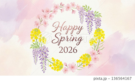 Happy Spring 桜と藤と菜の花のリースで飾る春のグリーティングカード Happy Spring 桜と藤と菜の花のリースで飾る春のグリーティングカード 136564167