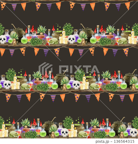 Witchcraft ingredients halloween mood seamless pattern decor. Watercolor vintage style illustration. Hand drawn witch cauldron, potion bottles, scull, herbs, candles, mandrake on dark background Witchcraft ingredients halloween mood seamless pattern decor. Watercolor vintage style illustration. Hand drawn witch cauldron, potion bottles, scull, herbs, candles, mandrake on dark background 136564315
