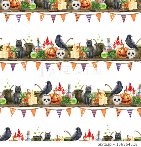 Halloween mood witchcraft ingredients seamless pattern festive decoration. Vintage style watercolor illustration. Hand drawn witch cauldron, potion bottle, cat, raven, pumpkins on white background Halloween mood witchcraft ingredients seamless pattern festive decoration. Vintage style watercolor illustration. Hand drawn witch cauldron, potion bottle, cat, raven, pumpkins on white background 136564318