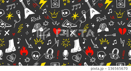 Rock music seamless pattern with guitar, skull, punk symbols. Hand drawn doodle scribbles stickers with stars, roses and love heart for rock music background, tattoo design. Vector Rock music seamless pattern with guitar, skull, punk symbols. Hand drawn doodle scribbles stickers with stars, roses and love heart for rock music background, tattoo design. Vector 136565670