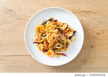 spicy spaghetti seafood on plate spicy spaghetti seafood on plate 136565910