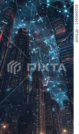 夜の高層ビルに浮かぶネットワーク都市 136566058