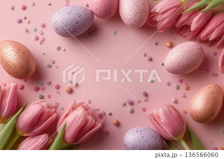 Pink tulips and decorative eggs scattered on a pastel pink background creating a festive and elegant scene perfect for spring and Easter celebrations Pink tulips and decorative eggs scattered on a pastel pink background creating a festive and elegant scene perfect for spring and Easter celebrations 136566060