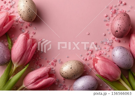 Pink tulips and decorative eggs scattered on a pastel pink background creating a festive and elegant scene perfect for spring and Easter celebrations 136566063