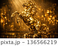 Golden rearing horse statue surrounded by glowing bokeh lights in a luxurious cinematic setting 136566219