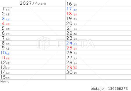 2027年シンプルカレンター　4月　曜日日本語 136566278
