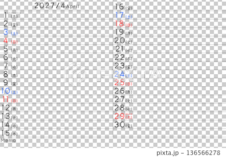 2027年シンプルカレンター　4月　曜日日本語 136566278